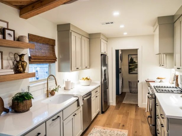 Galley kitchen remodel with shaker cabinets and quartz counters
